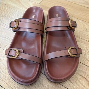 Zara Tan Slide Sandals with Gold Accents